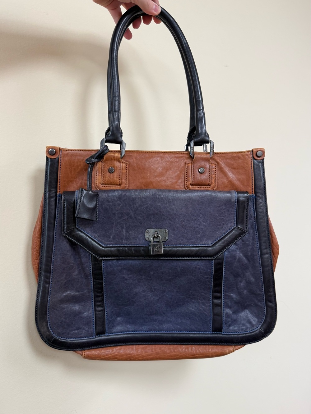 Tory Burch Navy, Brown and Black Leather Shoulder Tote Bag With Padlock Charm